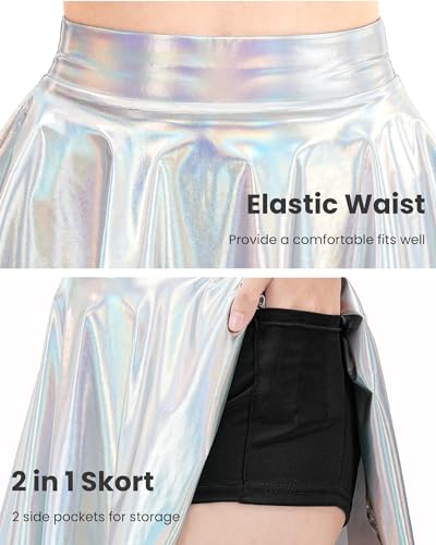Auranso Girls Metallic Skater Skirt Sparkly Shiny Flared Pleated A-Line Mini Skort Silver 8-10 Years thumb #1