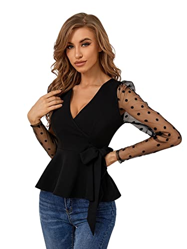 Romwe Women's Mesh Sleeve High Neck Ruffle Slim Fit Peplum Party Blouse Black Polka Dot Xl #TOP19