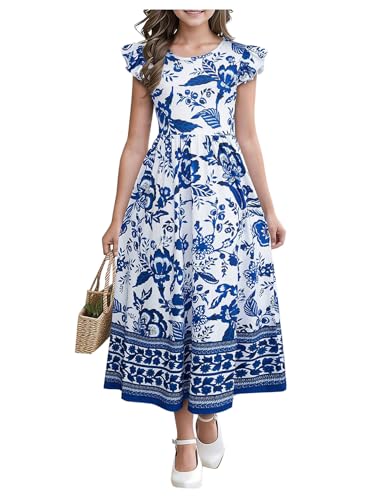 Floerns Girl's Floral Print Flounce Sleeve A Line Dress Vacation Long Dresses