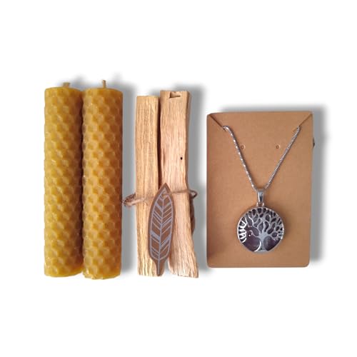 NATUKEY Velas de Miel para Ritual Día 11 y 22 | Velas de Cera de Abeja Natural Origen España | Kit de Velas de Miel de Abeja con 3 Palo Santo y Collar del Árbol de la Vida de Amatista