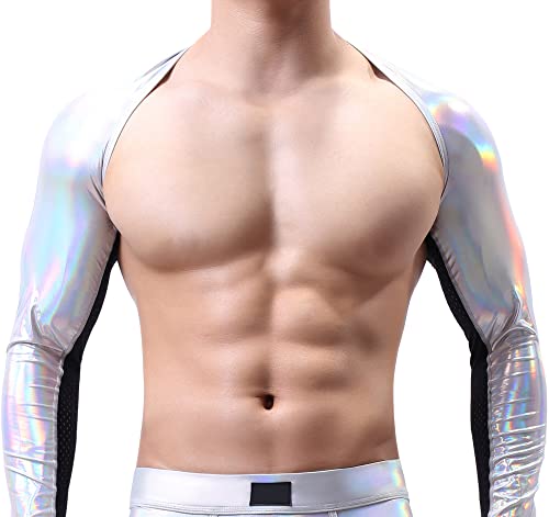 SEAUR Men's Shiny Metallic Sleeveless Half Tank Top Sexy Sparkly Arm Sleeves Shrug Muscle Workout Sports Tops Clubwear