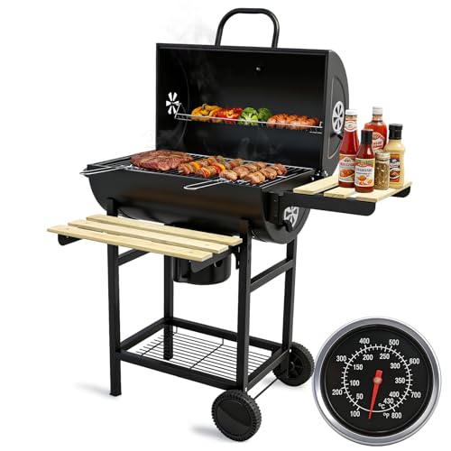 kisidus Parrilla de Carbón Vegetal XL con Tapa y Termómetro, Carrito BBQ, Parrilla de Pie Ahumador, con Estante de Madera y Ruedas