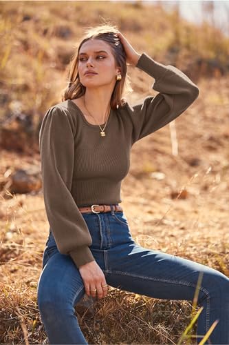 Image of MASCOMODA Womens Puff Long Sleeve Ribbed Sweater Bodysuits | Fall Winter Outfits 2026, Crewneck Knitted Bodysuit Dressy Casual, Cute Slim Fit Pullover Tops, Work, Date, Dress Up & Down