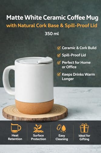 Image of Matte White Ceramic Coffee Mug with Cork Base & Spill-Proof Lid | 350 ml Office & Home Coffee Cup | Mug for Hot & Cold | Anti-Slip Wood Bottom Tea for Desk, Travel & Gifting