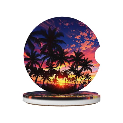 PKWKTKY Palm Tree Ocean Sunset Ceramic Car Coasters 2.56in