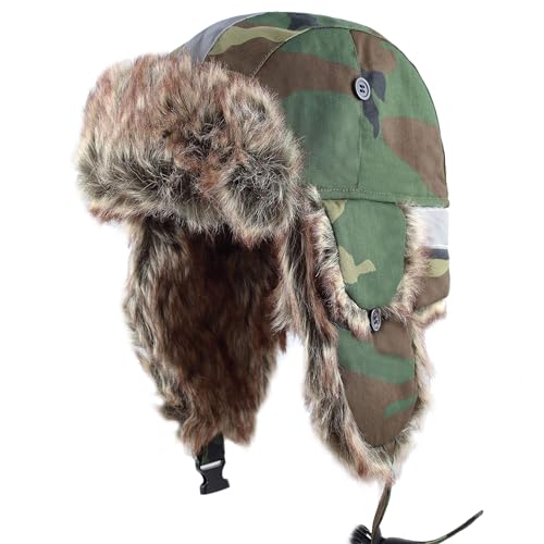 Faux Fur Safety Reflective Aviator Kids Trapper Hat Snow Ski Trooper Winter Cap (Kids, Woodland Camo)