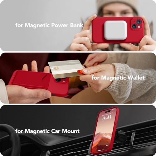 Image of Magnetic for iPhone 14 Case, Compatible with MagSafe, [Full Camera Protection][Screen Protector] Silicone Shockproof Protective Phone Case for iPhone 14 6.1 inch, Deep Red