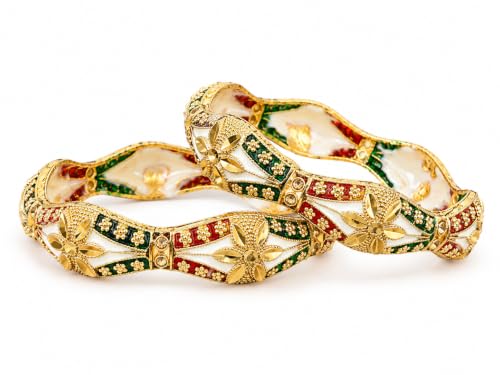 La Fille D’or Anti-Tarnish Gold-Tone Designer Bangles for Women, Pair of Bangles, Floral Red Green Enamel Deta