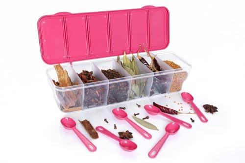 Image of TASTIC Multipurpose 6-in-1 Masala Box for Kitchen| Airtight BPA-Free Plastic 6 Section Storage Container with 6 Spoons, 1800 ml Transparent Pickle Box for Spices| Pack Of 1 PISTA (PINK)