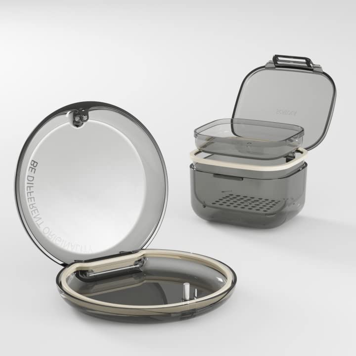 Retainer Case, Retainer Cleaner Case 2 Pack, Portable Denture Cases and Unique Denture Bath with Drain Tray, Denture Bridges, Partial Dentures, Traditional Braces, Etc. (Black)