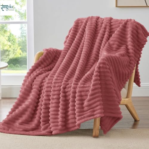 Image of Rangrika.in Ultra Soft Bed Blanket, Premium Flannel Fleece Plush Throw, Ribbed Texture Mink Touch, Lightweight Warm Cozy AC & Mild Winter Use, Machine Washable (Mauve, Double)