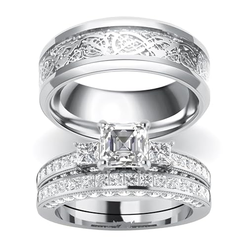 3Pcs Moissanite Wedding Rings Sets for Couples, s925 10K 14K 18K Gold Wedding Rings Sets for Him and Her, Customized Matching Engagement Bands Set for Men and Women Free Engraving4