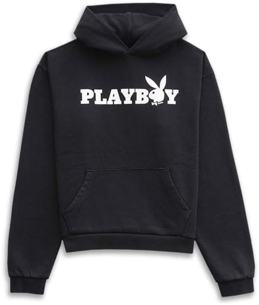 Playboy Masthead Hoodie – Unisex Pullover with Large Front Bunny Logo, Vintage Black Fleece Sweatshirt