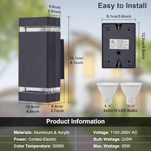 LMP Up Down Outdoor Wall Lights Mains Powered, IP65 Waterproof Outside Wall Light Square Porch Front Door Electric - Image 4