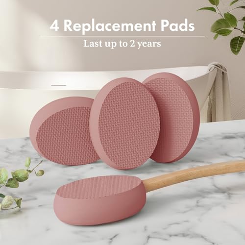 Image of AmazerBath Lotion Applicator for Back, Feet, 4 Replacement Pads with 17 inch Curved Handle, Back Sunscreen Applicator for Kids, Elderly, Women, Apply Skin Cream Medicine Moisturizer Tanner, Coffee Pink