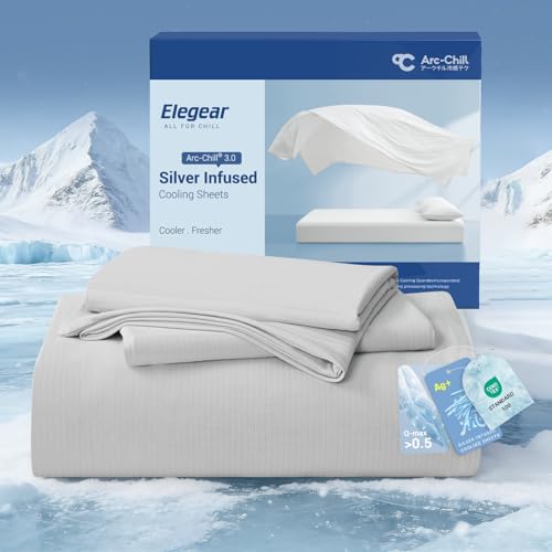 Image of Elegear Full Cooling Sheets for Hot Sleepers, Silver Infused Arc-Chill 3.0 Bed Sheet Set, Q-Max 0.5 Silky Soft Breathable Cool Bedding Set for Night Sweats, 18 inch Deep Pocket, 4 Pieces, Gray