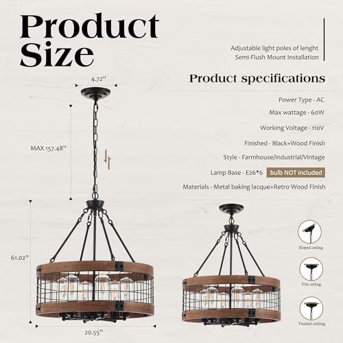 6-Light Farmhouse Drum Wood Pendant Light,20.55'' Vintage Rustic Brown Oak Wood Chandeliers,Retro Industrial Hanging Light Fixtures for Dining Room Entryway, Bedroom - Image 3