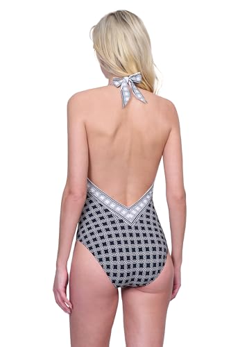 Gottex Golden Chic Women Solid Black V-Neck Halter One Piece Swimsuit with Removable Soft Cups Front and Back Lining Low Back3