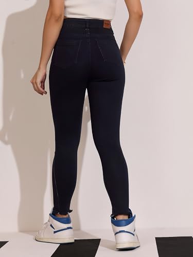 Jean taille haute en denim stretch femme à franges mode - 3