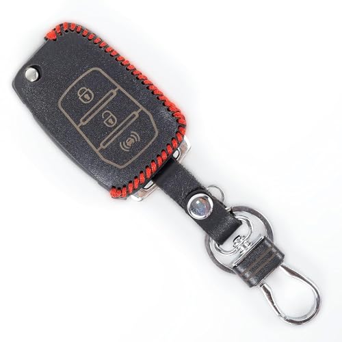 Image of Leather Smart Car Key Cover Case with Metal Hook Keychain for Mahindra XUV-300, Alturas (Black)