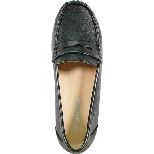 Image of KOZI Women Comfort Casual Wedge Shoe Slip-On Loafer ML Collection Round Toe Penny Loafer Removable Insole Black Champagne