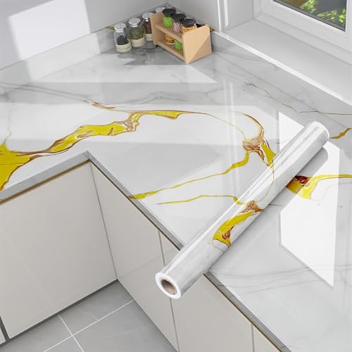 Image of KBR Self-Adhesive PVC 3D Wall Sticker Oil Proof and Waterproof, Kitchen Backsplash White and Golden Stickers Wallpaper for Hotel, Living Room, Bedroom & Cafe Walls (60cm x 200cm, Pack of 1)