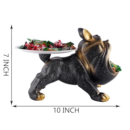 Image of Cool Bulldog Key Bowl & Accessory Tray - Matte Black & Gold Resin Dog Sculpture Multifunctional Organizer Showpiece for Keys Watches & Candy (Black with Sprinkles, Dog with Tail Plate)