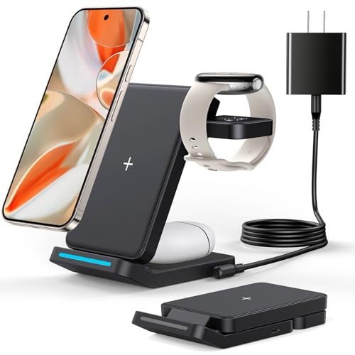 Upgarded Foldable 3 in 1 Wireless Charger for Google Pixel Watch 3/2, Charger Stand for Pixel 9 Pro/XL/9/9a/8 Pro/8a/8/7/Pro/7/6/Pro and Pixel Buds Pro/2(Not for Pixel Watch 1st) with Adapter, Black