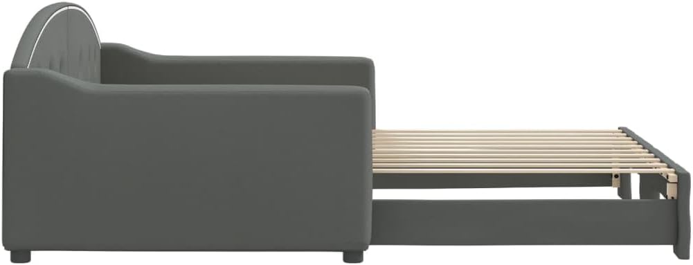 Modern Grey Daybed with Trundle Rectangular Fabric Polyester Frame Sturdy Platform Foundation Easy-Assembly Bedroom Furniture Minimalist Mattress-Support