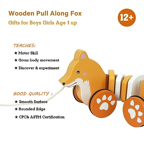 Image of Baby Toys Car,Wooden Pull Along Toddler Toy, Developmental Toy for 1 Year Old Girl Boy Birthday Gift (Fox)