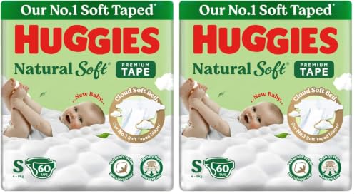 Image of Huggies Natural Soft Premium Tape Diapers Small (S) Size, 4-8 kgs, 60 Count | Our No.1 Soft Taped Diaper with Cloud Soft Bed and Runny Poo Absorption (Pack of 2)