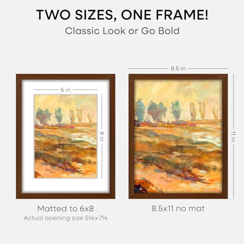 Image of Homeforia 8.5x11 Brown Oak Picture Frame, High-End Wood, 6x8 Mat, Glass | High End Solid Oak Wood, Tempered Glass, Acid-Free 6x8 Removable Mat, 8.5x11 Edge-to-Edge Display 11x8.5, Wall Kit, Set Of 2