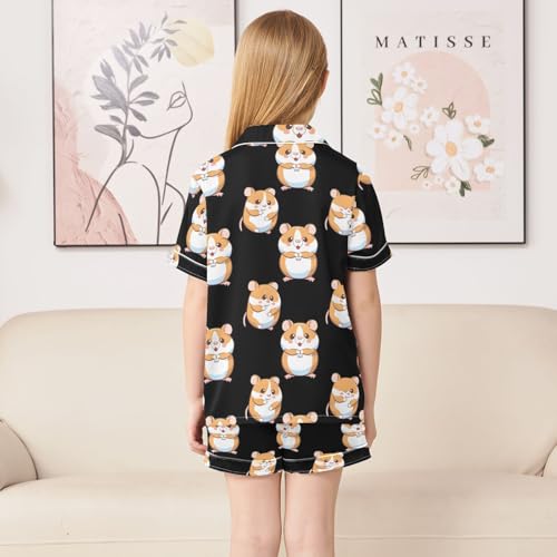 ALAZA Cute Animal Hamster Black Satin Pajamas Set Short Sleeve Button Down Sleepwear Summer Pjs 2 Piece4