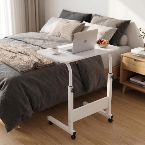 Image of BonKaso Height Adjustable Laptop Table with Wheels, Portable Rolling Computer Desk, Wooden Top, Lockable Casters, Mild Steel Frame, Multipurpose Bed Sofa Study Work Table for Home Office - White