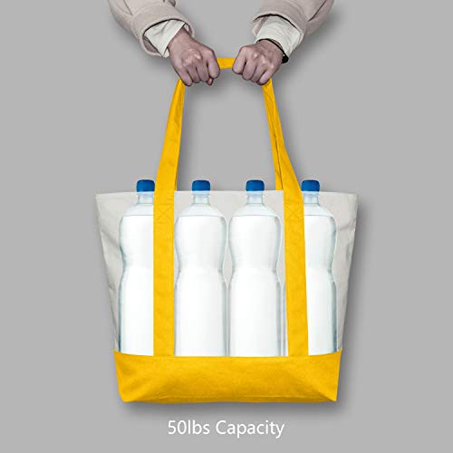 Image of TOPDesign 1-Pack Canvas Tote Bag with an External Pocket, Reusable Grocery Shopping Bag, Top Zipper Closure, Daily Essentials (Yellow /Natural)