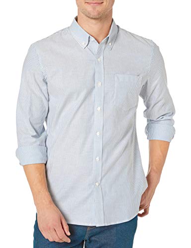 Amazon Brand - Goodthreads Men's Standard-Fit Long-Sleeve Wrinkle Resistant Comfort Stretch Oxford Shirt with Easy Care, Denim Blue Bengal Stripe, Medium