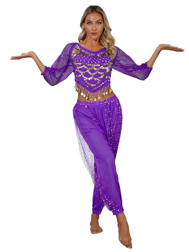 Top corto di danza del ventre da donna, maniche lunghe trasparenti con paillettes, polsini elastici, orlo irregolare, retro con lacci