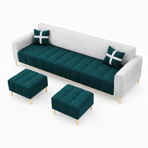 Image of Melody 3 Seater Modular L Shape Sofa Set with 2 Ottoman | Soft Velvet Upholstery, Sturdy Wooden Frame | Modern Sofa for Living Room, Hall & Office Spaces (Light Grey-Green Teal)