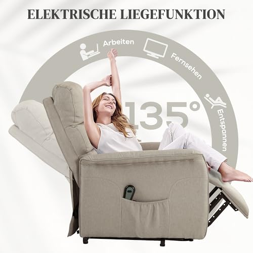 HOMCOM Fernsehsessel mit Aufstehhilfe Elektrisch, Relaxsessel mit Liegefunktion, TV-Sessel mit Leinenoptik, Taschenfeder, Seitentasche und Fernbedienung, für Wohnzimmer, Beige – Bild 6