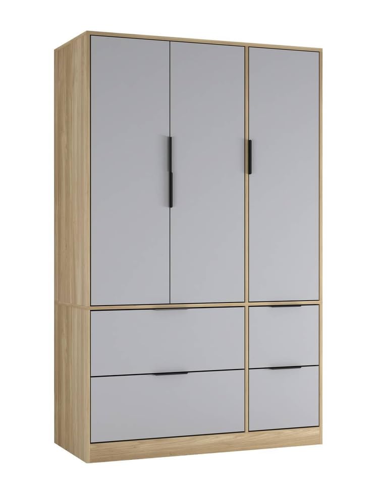 URBNLIVING 3 Door Wardrobe with 4 Drawers – Wooden Bedroom Storage Cupboard with Hanging Rail for Clothes - Oak Unit & Grey Doors & Drawers
