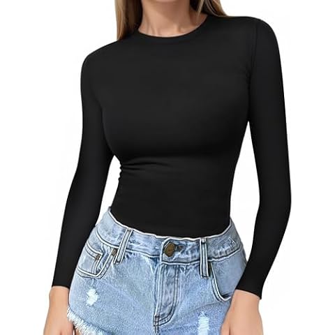 MANGOPOP Crew Neck Long Sleeve T Shirt Women Fitted Shirts Tight Neck T Shirts Basic Tee Tops(Large,Black) Cover