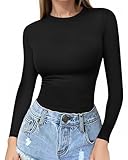 MANGOPOP Crew Neck Long Sleeve T Shirt Women Fitted Shirts Tight Neck T Shirts Basic Tee Tops(Small,Black)