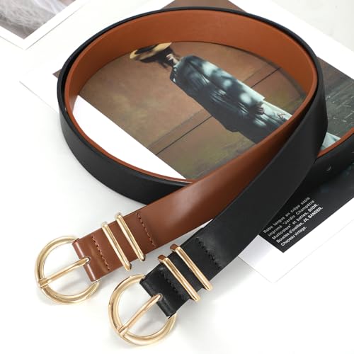 XZQTIVE 2 Pack Womens Leather Belts for Jeans Dress Pants Fashion Plus Size Ladies Black Waist Belt with Gold Buckle4