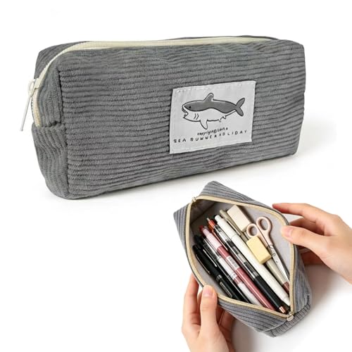 ANJOBIBI Small Pencil Case Large Capacity Pencil Pouch with Shark, Gray Zippered Pouch for Office Stationery Organizer (Dark grey)
