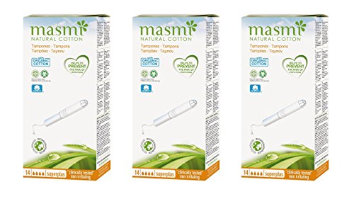 12 tampones aplicadores Masmi Super Plus certificados de algodón orgánico, hipoalergénico, biodegradable, perfume, viscosa, rayón, cloro y dioxina (triple paquete)