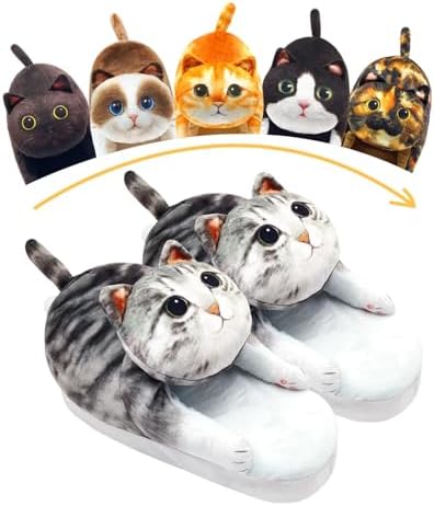 Openhahaha Grappige kattenpantoffels voor dames en heren, pluizige winterpantoffels, warme zachte pluche pantoffels, knuffeldieren, huisschoenen, kerstcadeaus voor vrouwen en meisjes, Grijze kat Openhahaha Grappige kattenpantoffels voor dames en heren, pluizige winterpantoffels, warme zachte pluche pantoffels, knuffeldieren, huisschoenen, kerstcadeaus voor vrouwen en meisjes, Grijze kat