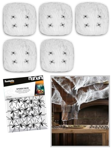Funidelia | 5 telarañas de 50gr y arañas ▶ Animales, Halloween, Terror - Decoración para fiestas de cumpleaños, fiestas de disfraces, Halloween y Carnaval - Blanco