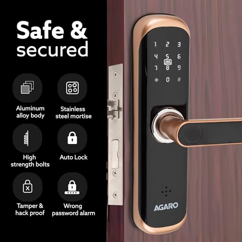 Image of AGARO Grand Smart Door Lock with Handle, Auto Lock, Unlock with Finger Print /RFID Card /PIN Access /App with Bluetooth /Manual Key Access, Digital Door Lock, Anti-Theft Lock, Home Safety, Rose Gold