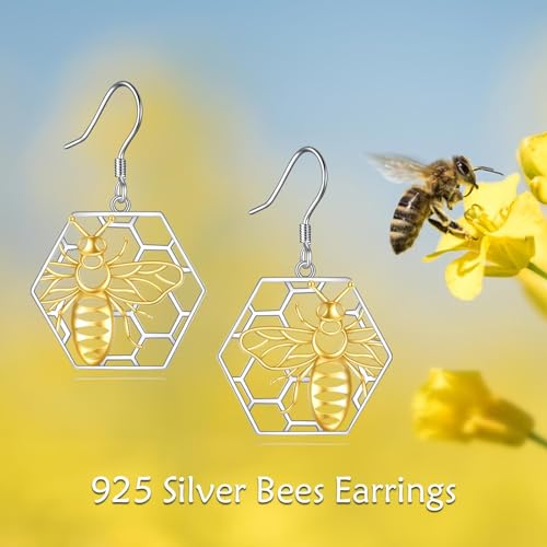Image of LUHE Bee Earrings for Women 925 Sterling Silver Bumble Earrings with Honeycomb Honeybee Jewelry Dangle Gifts for Women
