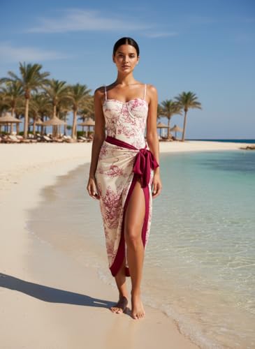 Showday European American Women's Bikini Bathing Suit Women's One Piece Swimsuit with Beach Cover up Wrap Skirt Floral Tummy Control Tankini Set 2 Piece Swimsuit Outfits (Red, S)